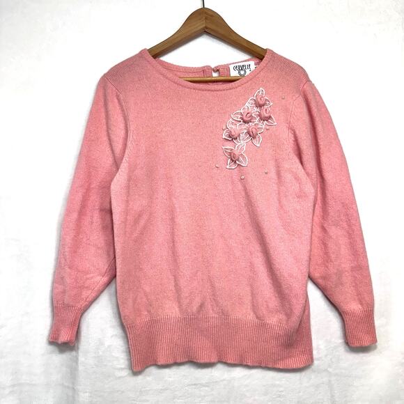 VTG Cervelle XL Multi-Wool Sweater Flowers Pearls Coquette Fairy Kei Pastel Pink - Picture 1 of 8